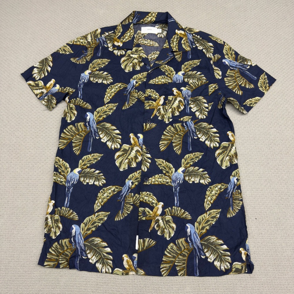 Onia Shirt Mens Small Navy Blue Green Cotton Modal Floral Tropical Beach